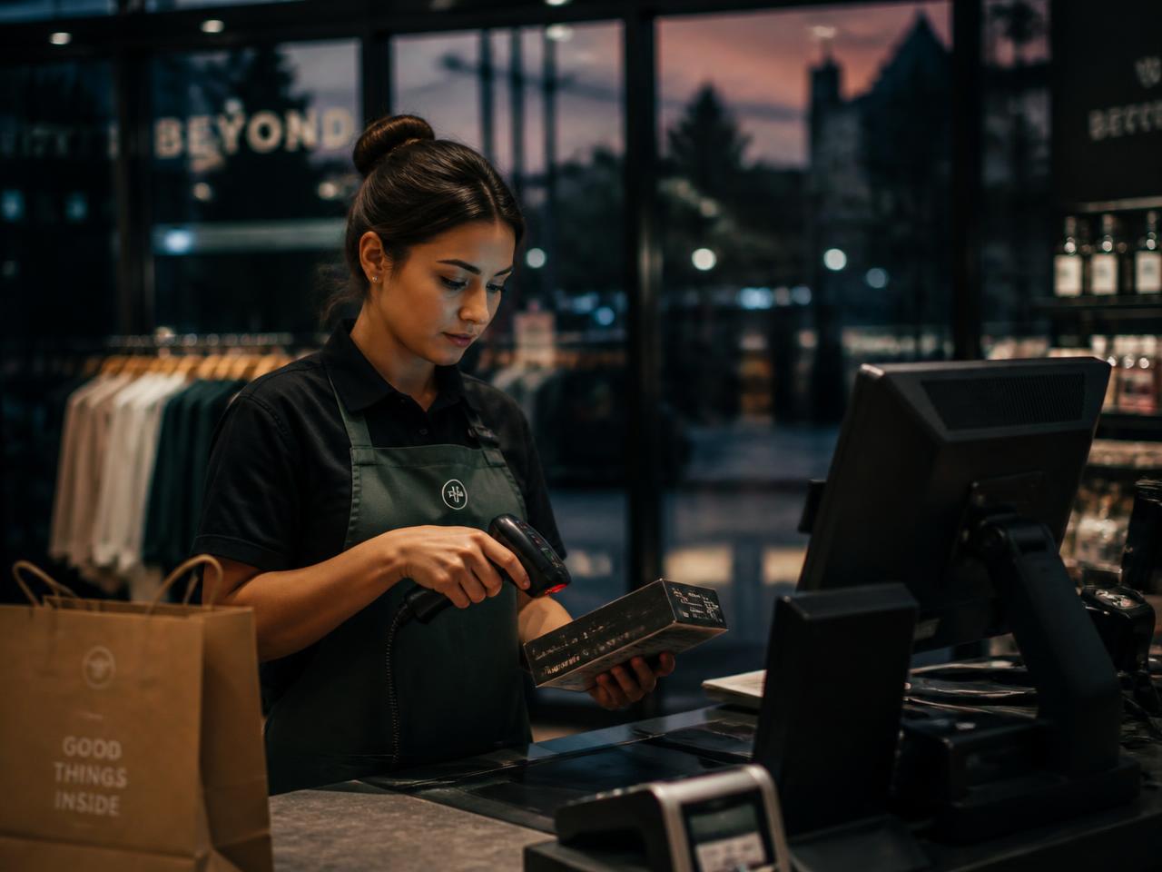 Store associate scanning products at a KeynoStore powered counter